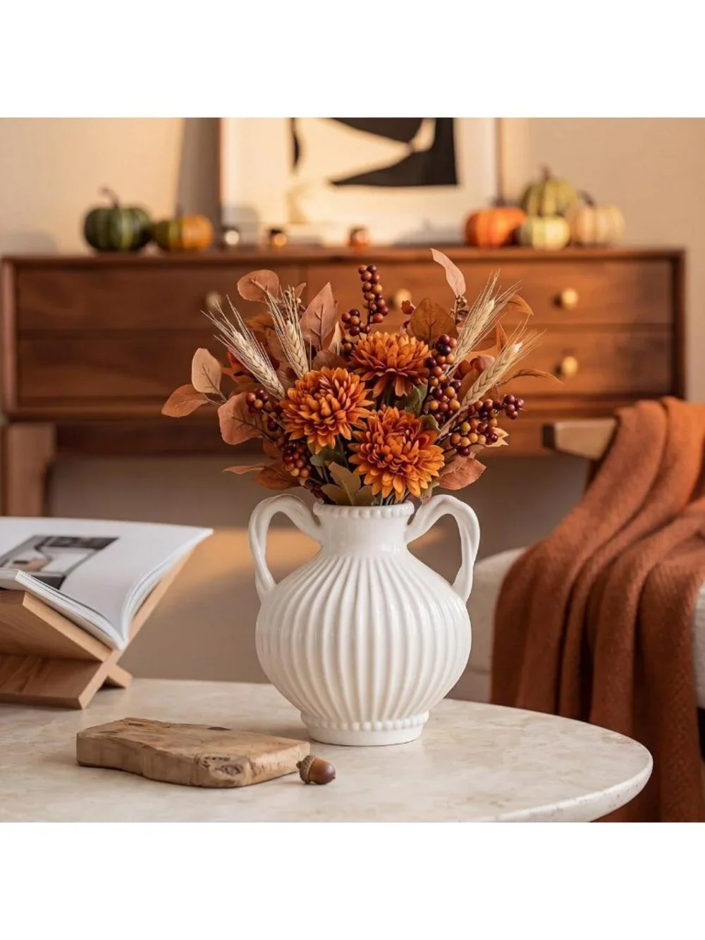 Ivory Ceramic Vase with 2 Handles - Vintage Rustic Fall Home Decor Accent